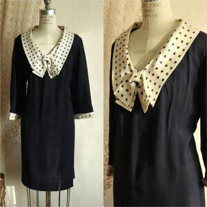 Vintage 1960s Dress, Volup Navy Blue and White Polkadot Bow, Mod Style